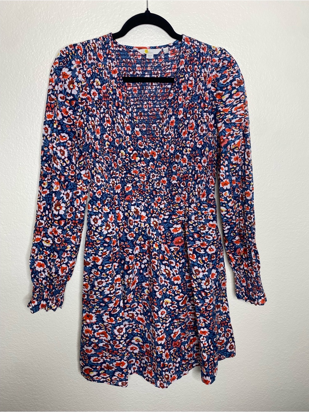 BODEN Floral V-Neck Smocked Waist Long Sleeve Peasant Mini Dress Floral Blue Red